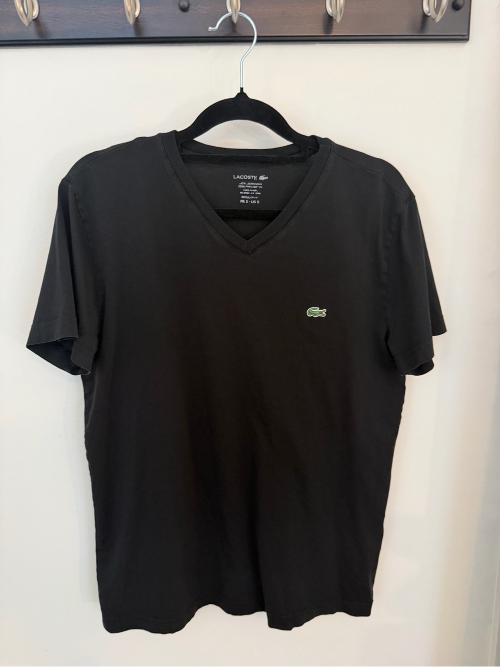 Lacoste Black V-Neck Tee with Green Crocodile Logo